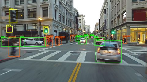 Driverless car driving through a San Francisco streets. Computer vision with object detection system that creates boxes to recognize the different objects. Artificial intelligence technology.
