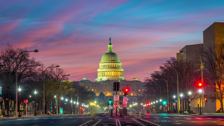 Timelapse of US Capitol at sunrise, Washington DC, USA Royalty-Free Stock Footage #1064007412