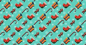 4k Christmas motion background with Christmas design elements. The new year 2021. Animation with cute Christmas symbols. Candy, gift, candyman, and socks. Seamless video. 
