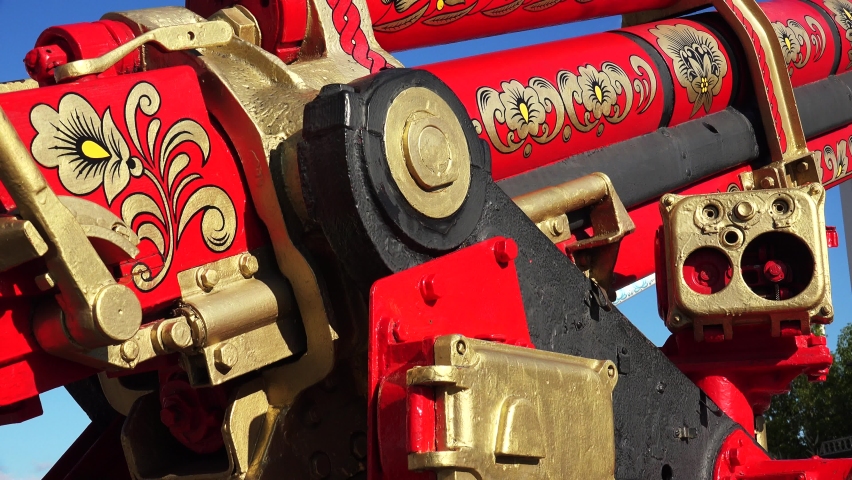 Artillery cannon in Russian patterns. Shot in 4K (ultra-high definition (UHD)).