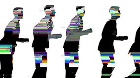 Animation of businessman silhouettes cloned running against a white background