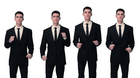 Animation of businessman cloned running against white background with overlayed distortion effects