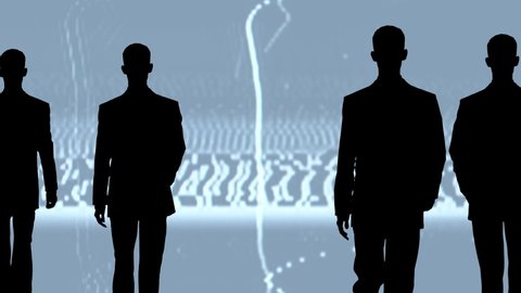 Animation of businessman silhouettes cloned walking against a glitching background
