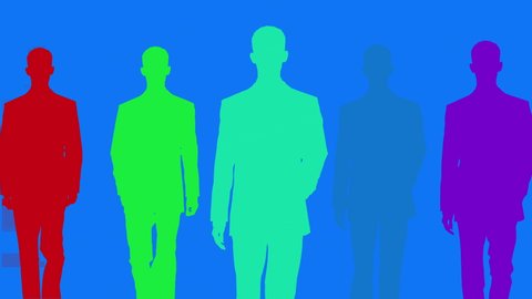 Animation of businessman silhouettes cloned walking against a colourful background