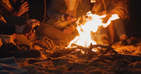 Friends toasting marshmallows on sticks on beach bonfire