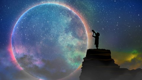 Night scene of boy outdoors, boy looking through a telescope at stars in the sky, beautiful night sky, loop animation background.