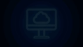 Glowing neon line Cloud technology data transfer and storage icon isolated on black background. 4K Video motion graphic animation.