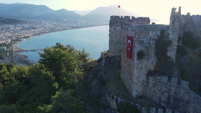 Alanya Castle - Alanya Kalesi aerial view. Turkey Royalty-Free Stock Footage #1064033080