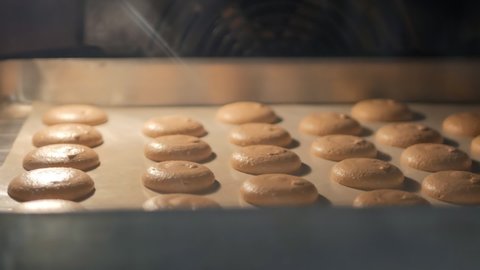 quick motion. accelerated video of baking macarons in an electric oven at high temperature. Accelerated playback enlargement of macrones in size when baking