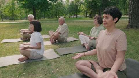 Panning of middle-aged attractive woman with short dark hair sitting on mat on grass in park and doing yoga with several senior people on background