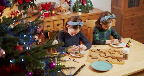 two cute sisters make and decorate Christmas gingerbread cookies