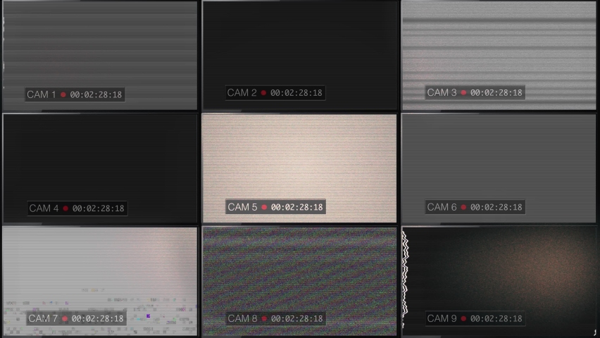 CCTV Cameras Broken Signal TV Static Monitors. Multi cams system display a weak signal with time code on monitors Royalty-Free Stock Footage #1064035882