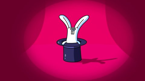 Rabbit in top hat. Cartoon animated magic character on the scene.