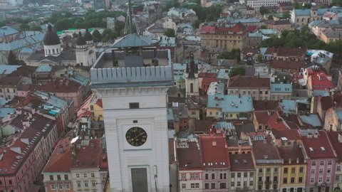 aerial 4k shot of city center of Lviv, Ukraine from above