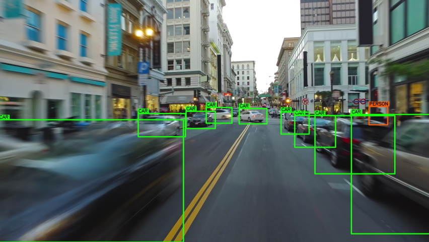 Autonomous car driving through a San Francisco. Computer vision with object detection system that creates boxes to recognize the different objects. Artificial intelligence technology, car POV Royalty-Free Stock Footage #1064044828