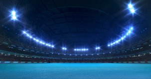 Modern Floorball Arena with shining lights and ball motion on the blue playground. Professional sport 4k video background edited as seamless loop.