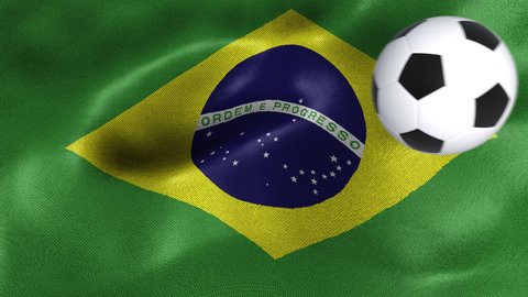 Seamless looping 3d animated flag of Brazil with soccer balls