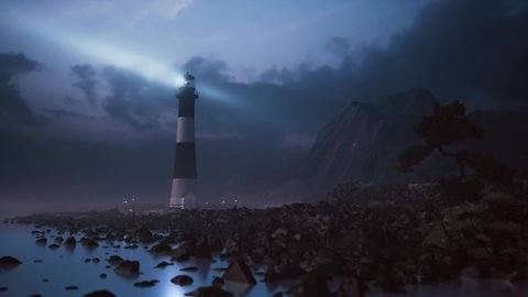 Lighthouse light on the stone shore at night. The powerful lighthouse illuminated at night