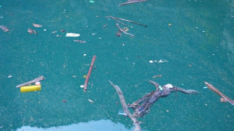 Miscellaneous rubbish on the surface of blue water.