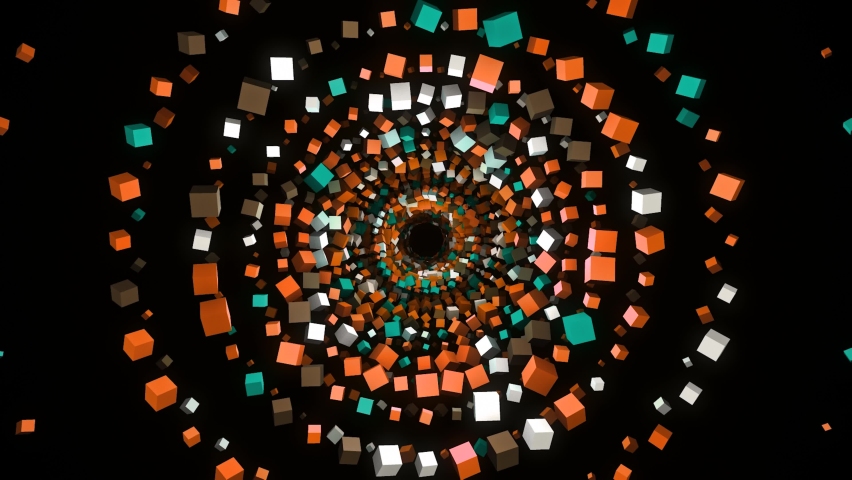 Tunnel of 3D colored squares on black background. Animation. Beautiful hypnotic tunnel of colorful cubes. Distance from spiral of many bright cubes