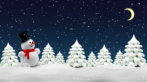 Cute snowman in winter forest - snowy night scene. Looped 3d animation.