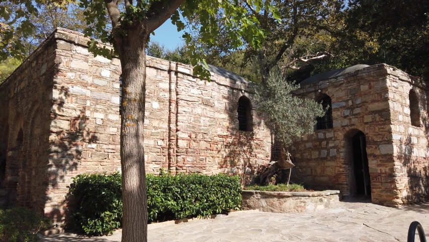 House of Virgin Mary. The House of the Virgin Mary is a Catholic shrine located on Mt. Koressos in the vicinity of Ephesus, 7 kilometres from Selçuk in Turkey.	 Royalty-Free Stock Footage #1064062072