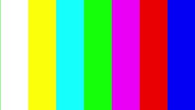 Television screen error. SMPTE color bars technical problems.Color Bars data glitches. Intentional glitch distortion. Test pattern from a tv transmission, with colorful bars, a black box and the warni