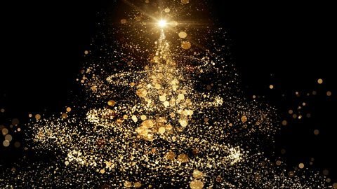 Glowing Golden Christmas Tree animation. Beautiful Christmas Golden particles and sparkles in 4K. Glitter and Sparkling Magic light. Fairy tail, Flight of Gold Bokeh particles.  New Year 2022