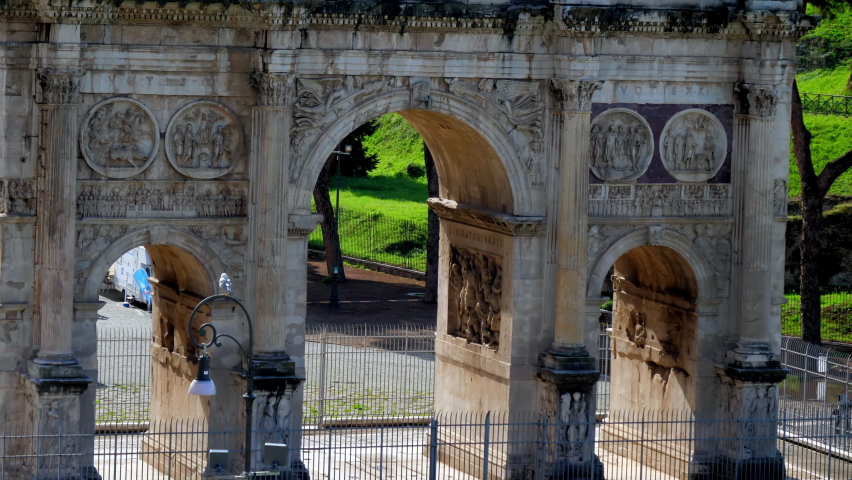 The closeup view from the bottom to the top of the Triumphal arch of emperor Constantine, dedicated to the Victory in the battle