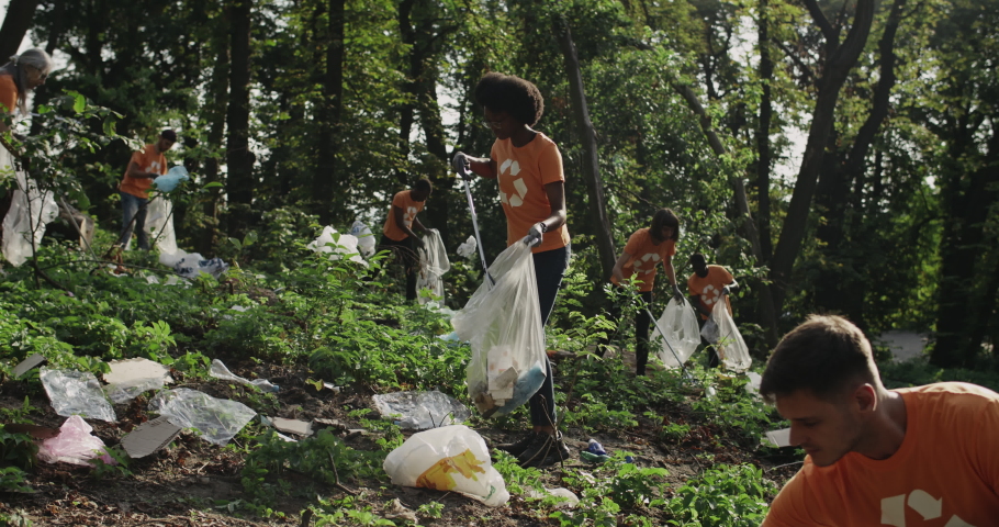 Crop view of eco activists group in same t shirts with recycling symbol collecting garbage and putting in bin bags at public park. Concept of cleanup, care about nature and ecology. Royalty-Free Stock Footage #1064071609
