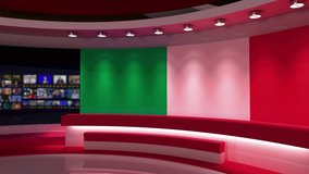 TV studio. Italyan flag background. News studio. Background for any green screen or chroma key video production. 3d render. 3d 
