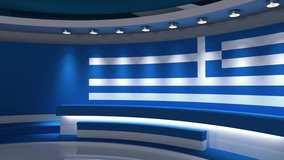 TV studio. Greek flag background. News studio. Background for any green screen or chroma key video production. 3d render. 3d