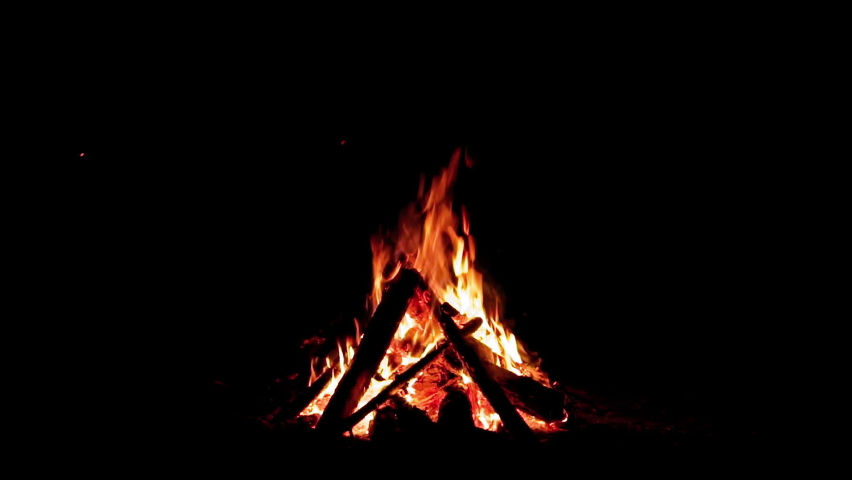 Burning Campfire Isolated on Black Background. Flaming Bonfire in Night Forest. Static Shot Royalty-Free Stock Footage #1064076844