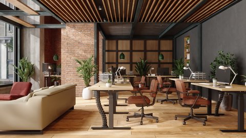 3d Rendering of Eco-Friendly Modern Office Interior With Brick Wall, Waiting Area And Indoor Plants.