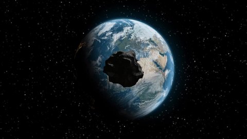 Meteorite hitting the earth. Asteroid on a collision course towards Earth. Explosion, cataclysm end of the world. Global extinction. Elements of this image are furnished by NASA. 3d render
