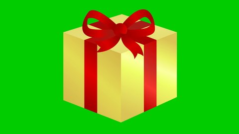 Animated golden gift with red ribbon. Vector illustration isolated on the green background.