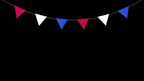 Bunting Flags, hanging down, 3D animation, white, blue and red triangle flags, isolated on black background with alpha matte.
