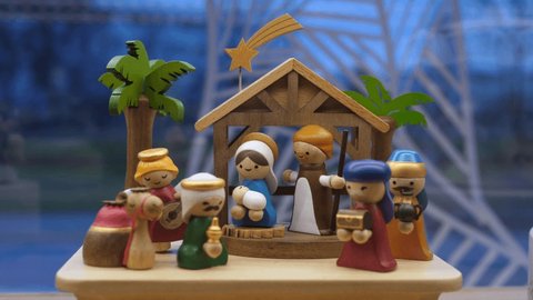 Nativity Scene Toy with Baby Jesus, Holy Mary, Joseph, Angels and Santa Claus Figures. Christmas Decoration.