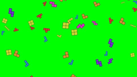 Retro PC game bricks flying in random directions. Flying retro computer game assets. Cartoon animation on green chroma key.