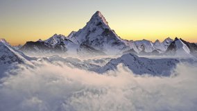 The Himalayas Everest Beautiful Mountain Range Winter Inspiring Landscape Snow Cold Sea Of Clouds Aerial Flight Footage Over Peaks Epic Panorama Nature Success Summit Top Peak 4K