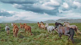 Epic Aerial Over Large Herd Of Wild Horses Running Galloping In Wild Nature Slow Motion Through Meadow Golden Hour Horse Breeding Ecology Exploration Power Concept 4K - Powered by Shutterstock - Get 15% off with code: PIKWIZARD15