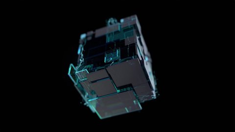 Emergence Sci-Fi cube with neon glowing elements. Abstract 3d animation.