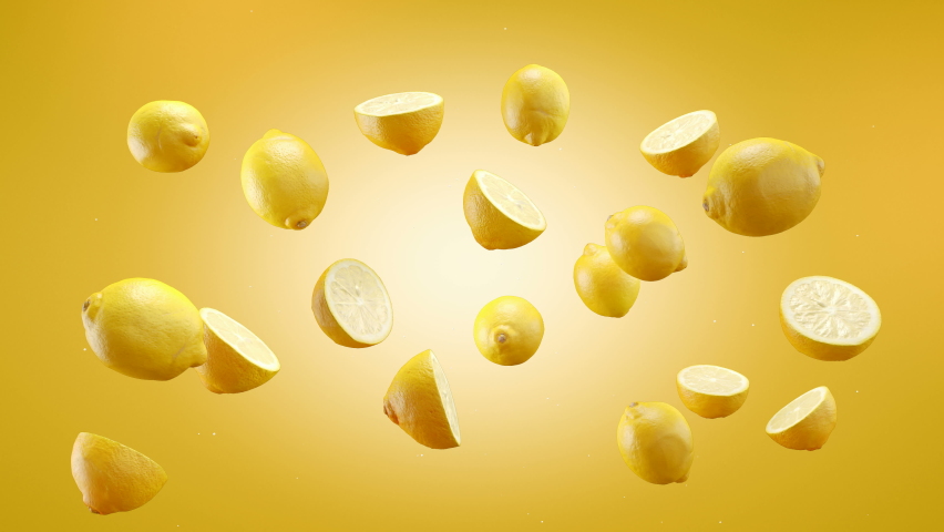 Flying of Lemon and Slices in Yellow Background. Speed up and falling down lemons with green screen. Professional slow motion 4K 3d animation. Royalty-Free Stock Footage #1064122579