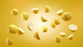 Flying of Lemon and Slices in Yellow Background. Speed up and falling down lemons with green screen. Professional slow motion 4K 3d animation. - Powered by Shutterstock - Get 15% off with code: PIKWIZARD15