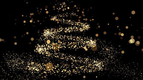 Glowing Golden Christmas Tree animation.  Shining gold particles. Golden particles and sparkles in 4K. Glitter and Sparkling Magic light. Fairy tail Flight of Gold Bokeh particles.  New Year 2021. 