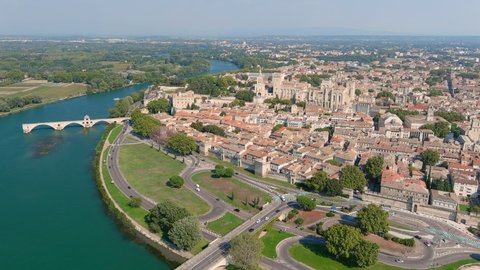 Avignon, France: Aerial view of Palais des Papes (Papal Palace), medieval fortress and former residence of popes in historic city center - landscape panorama of Europe from above