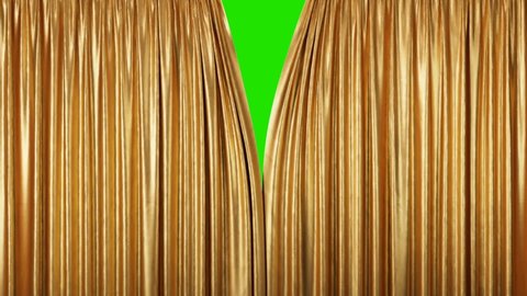 Golden theater curtains in motion. Opening and closing curtains with green chroma key