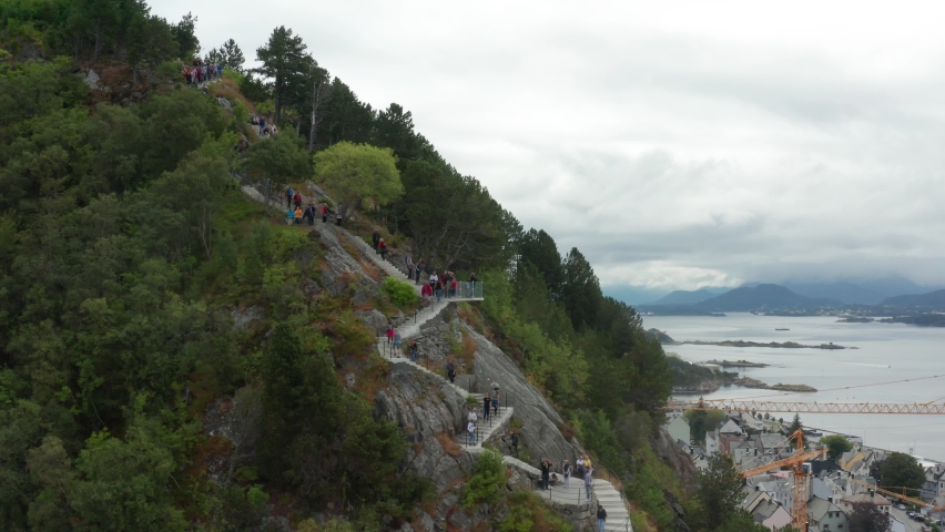 Aerial shot of mountain Akslai in Alesund , Norway