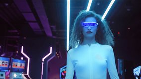 Fashion young woman in futuristic glasses and white suit walk in night club in city. Blue and violet neon lights. AR hybrid reality, future technology, augmented reality, entertainment, sci-fi concept