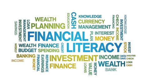 4k Financial Literacy Animated Tag Word Cloud,Text Design Animation typography seamless loop. 
